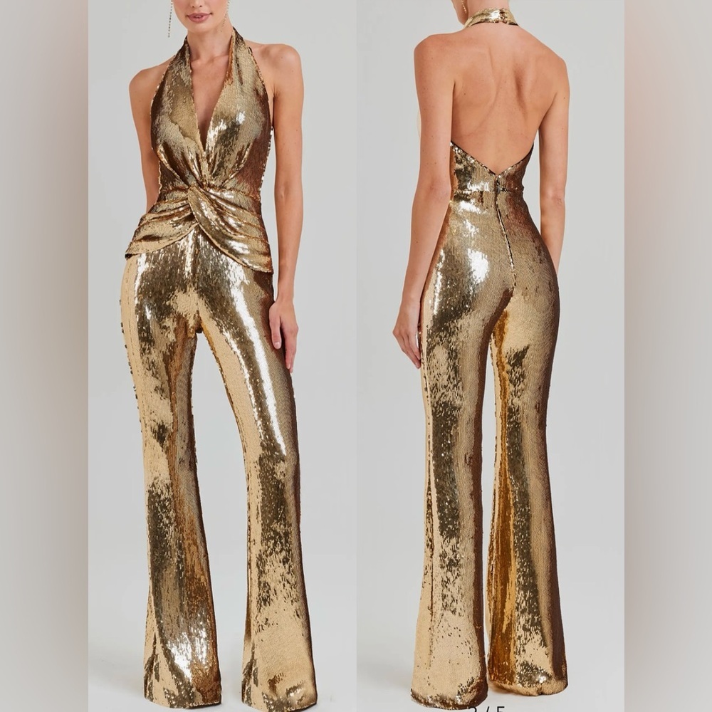 NEW NADINE MERABI Tianna Sequin Halter Flare Gold Jumpsuit sz 12